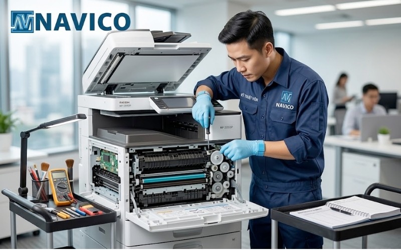 Kỹ thuật viên xử lý bảo trì khi khách hàng cho thuê máy photocopy