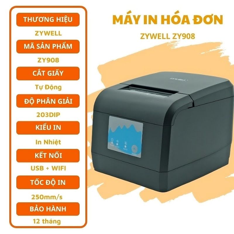 Máy in hóa đơn ZYWELL ZY908 K80 - In nhiệt nhanh, treo tường tiện lợi